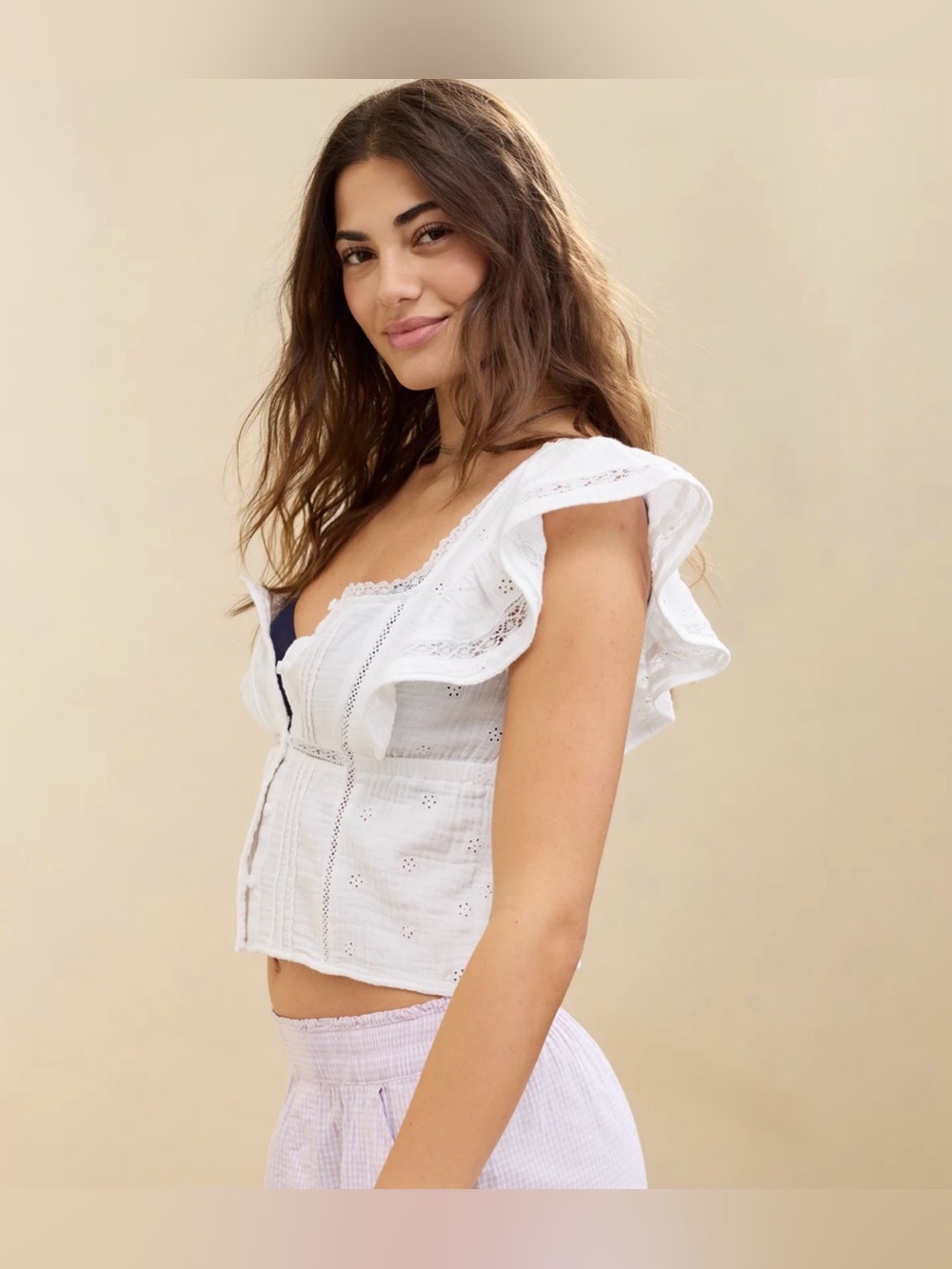 Aerie White Ruffled Eyelet Women's Blouse Size XXL coastal - Picture 2 of 10